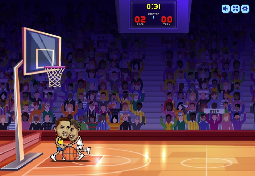Players and opponents are fiercely fighting for the ball in Basketball Bros game